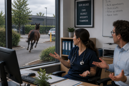 People looking bewildered as a horse bolts