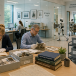 People working while bots walk away with assets around them