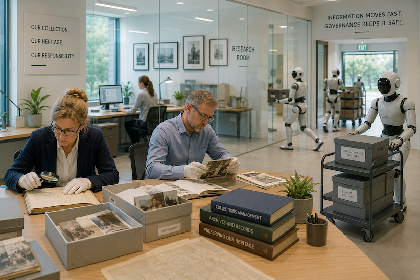 People working while bots walk away with assets around them