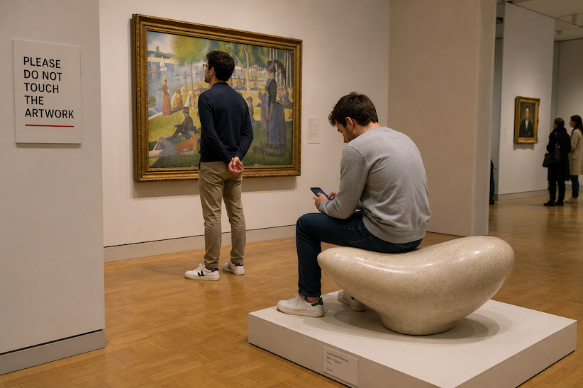 Person not touching artwork on the wall, but obliviously sitting on another art work