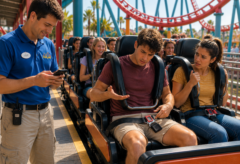 Roller coaster rider with loose belt while attendant looks at his phone