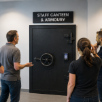 Staff looking confused outside a door to armoury and staff canteen