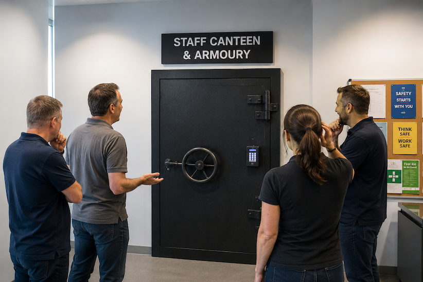 Staff looking confused outside a door to armoury and staff canteen